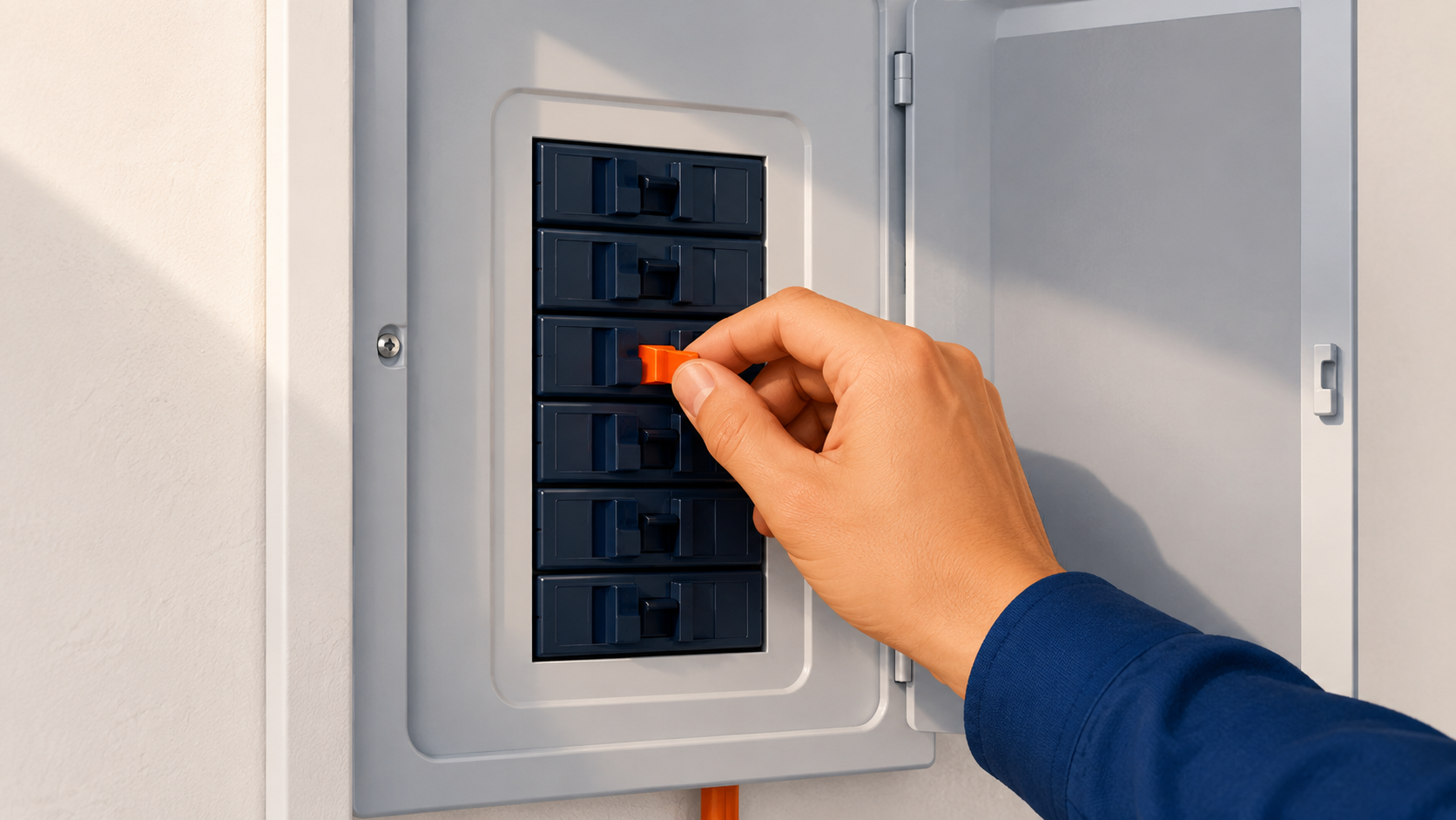 Homeowner flipping a circuit breaker in an electrical panel