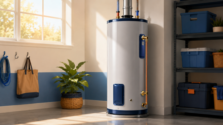 Clean modern water heater in a tidy Sacramento home garage