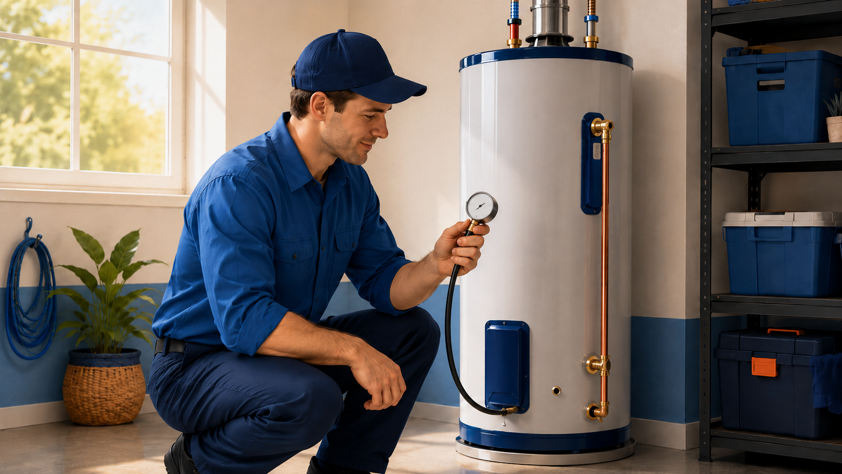 Plumbing technician checking a home water heater with a gauge