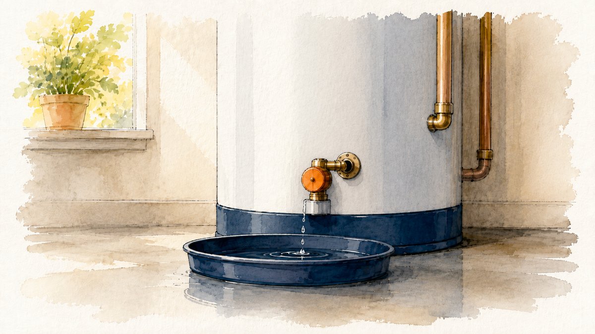 Close view of a water heater drain valve dripping into a shallow pan