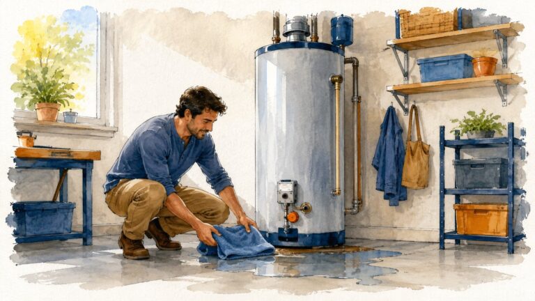 Watercolor illustration of a homeowner setting a towel by a leaking garage water heater
