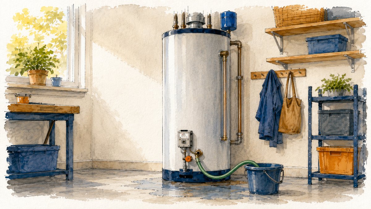 A water heater draining through a hose into a bucket during a yearly flush
