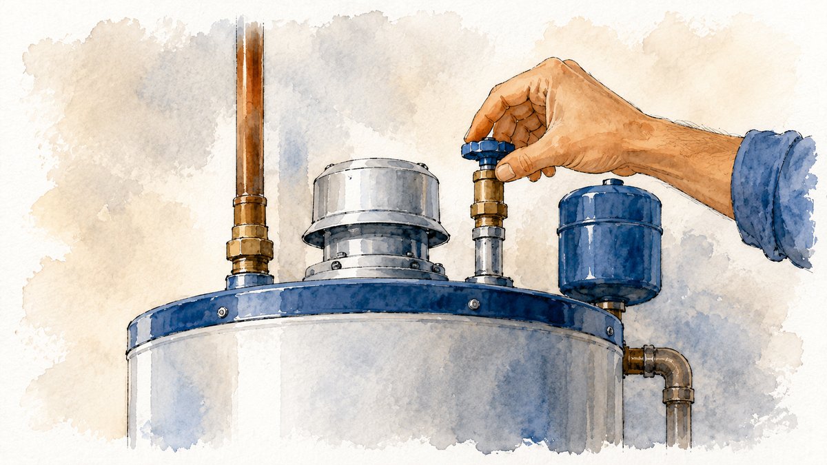 A hand turning the cold water shutoff valve on top of a water heater