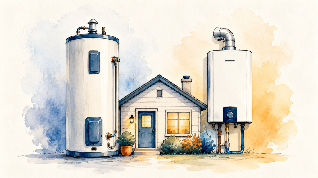Storage tank water heater and slim tankless unit side by side with a cozy home