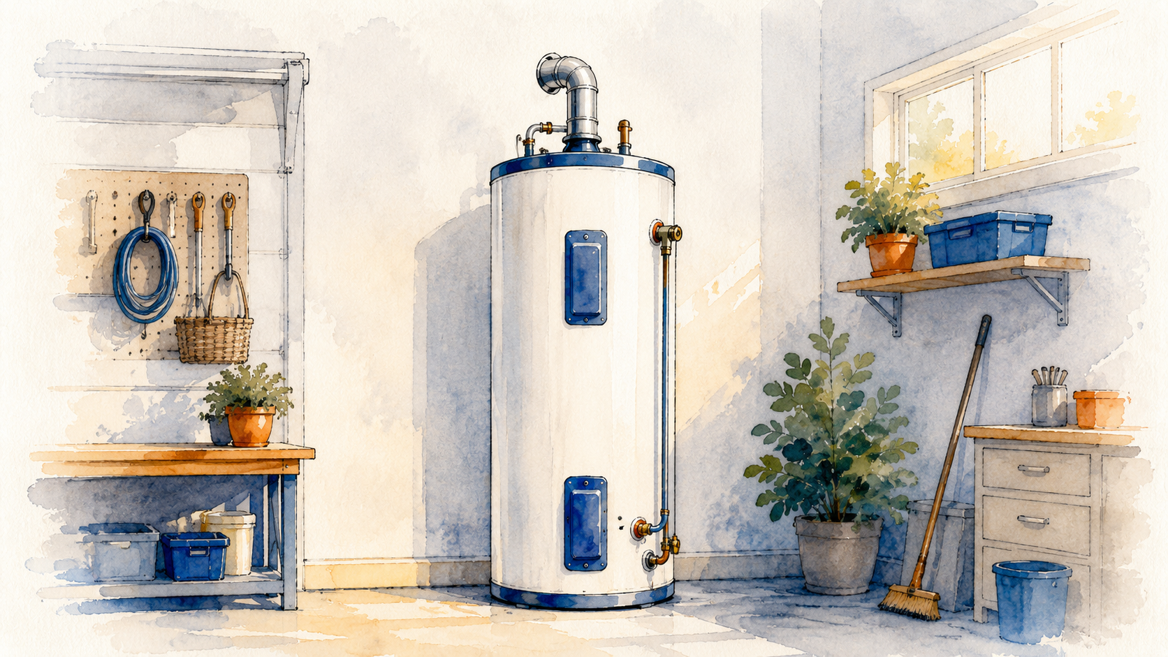 Tall storage tank water heater standing in a tidy home garage