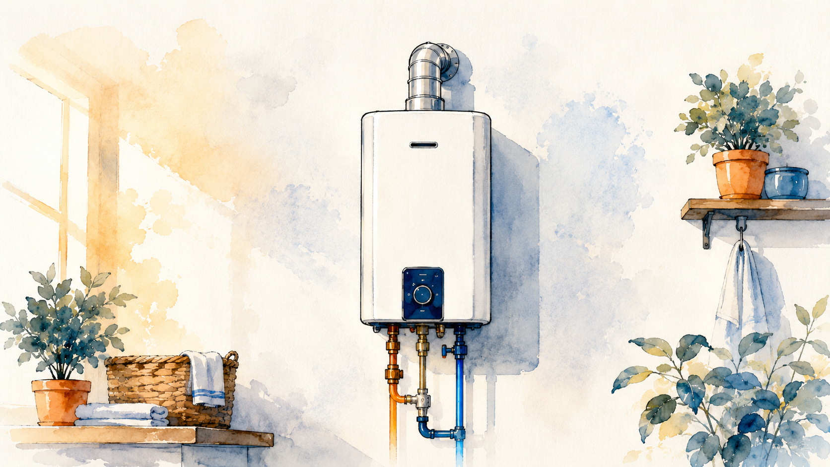 Slim wall mounted tankless water heater on a clean utility wall