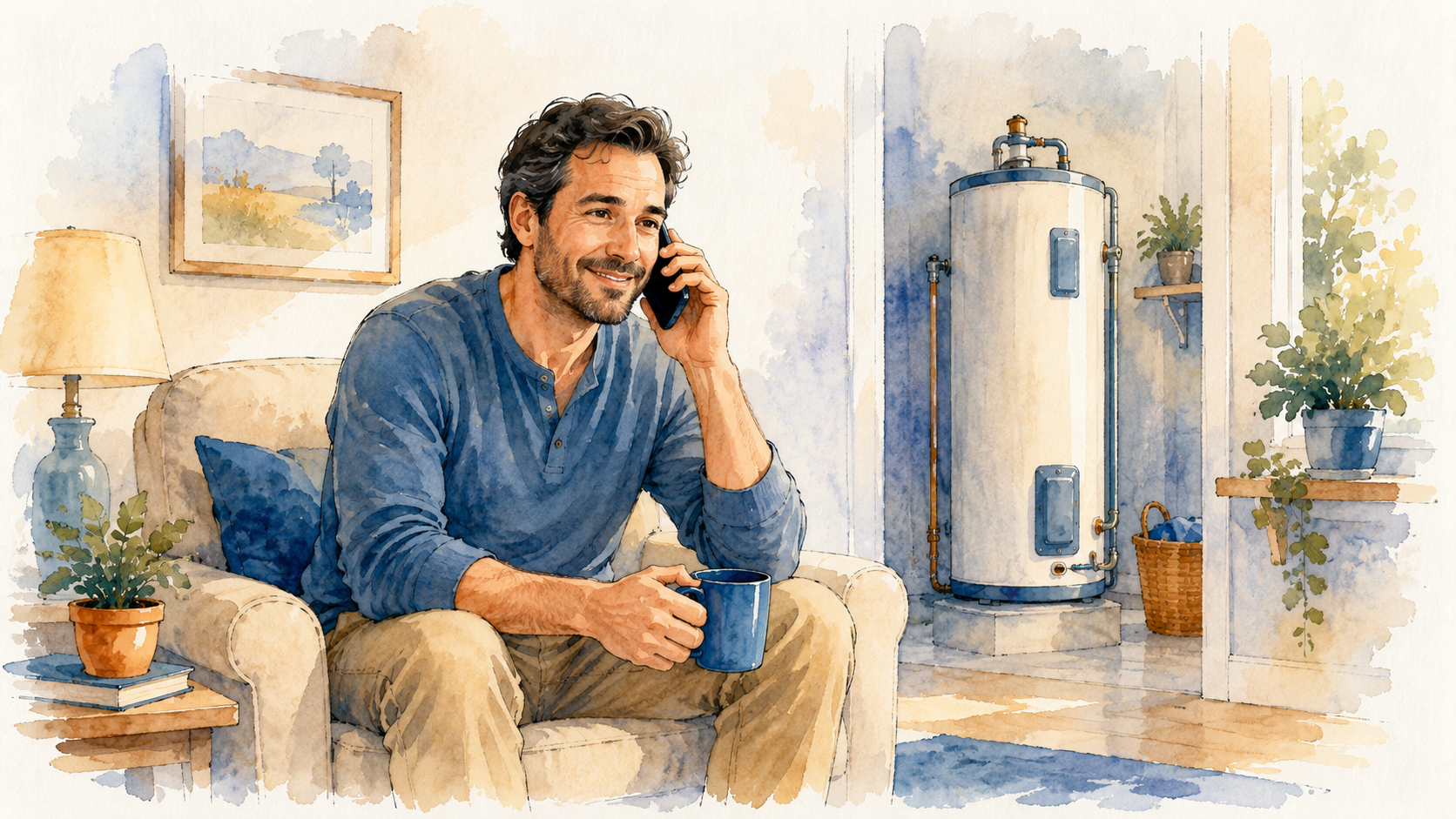 Calm homeowner on the phone getting water heater advice