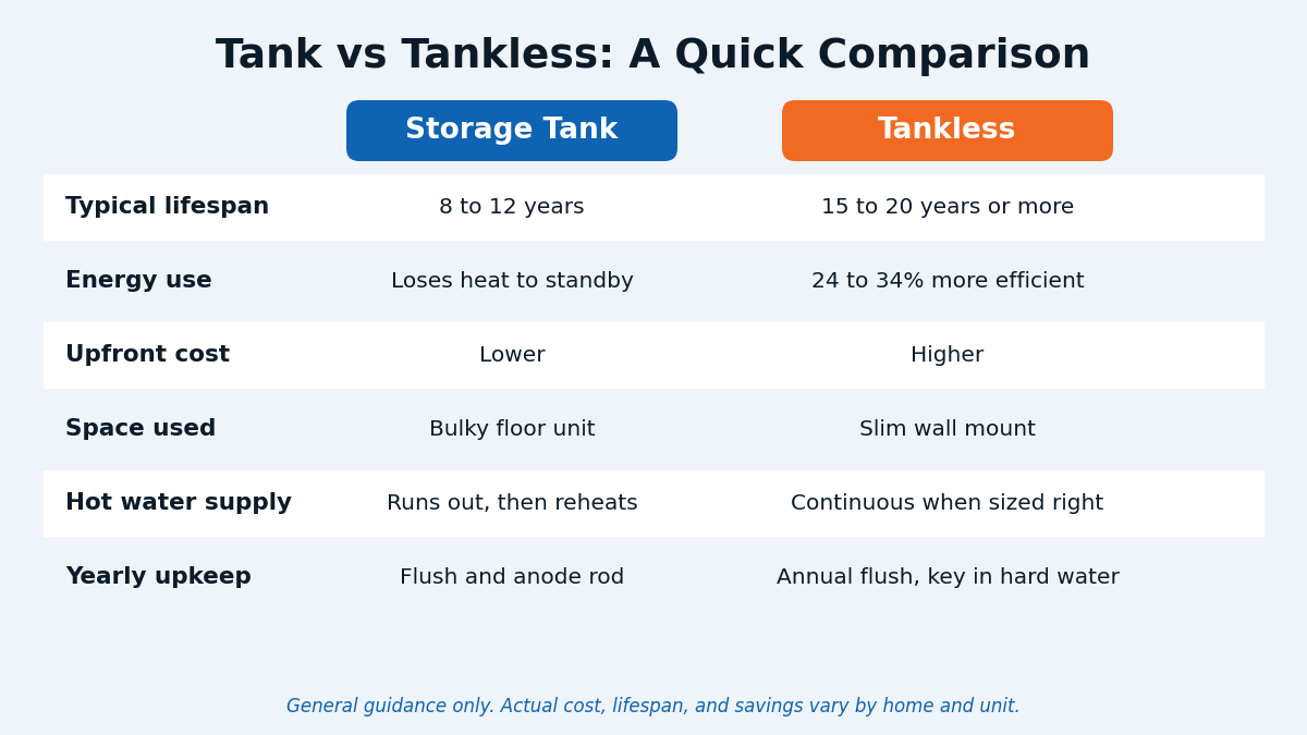 Tank vs tankless water heater comparison of lifespan, cost, and efficiency