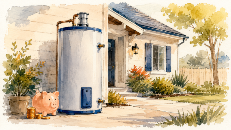 A new water heater set beside a sunny Sacramento home with coins nearby