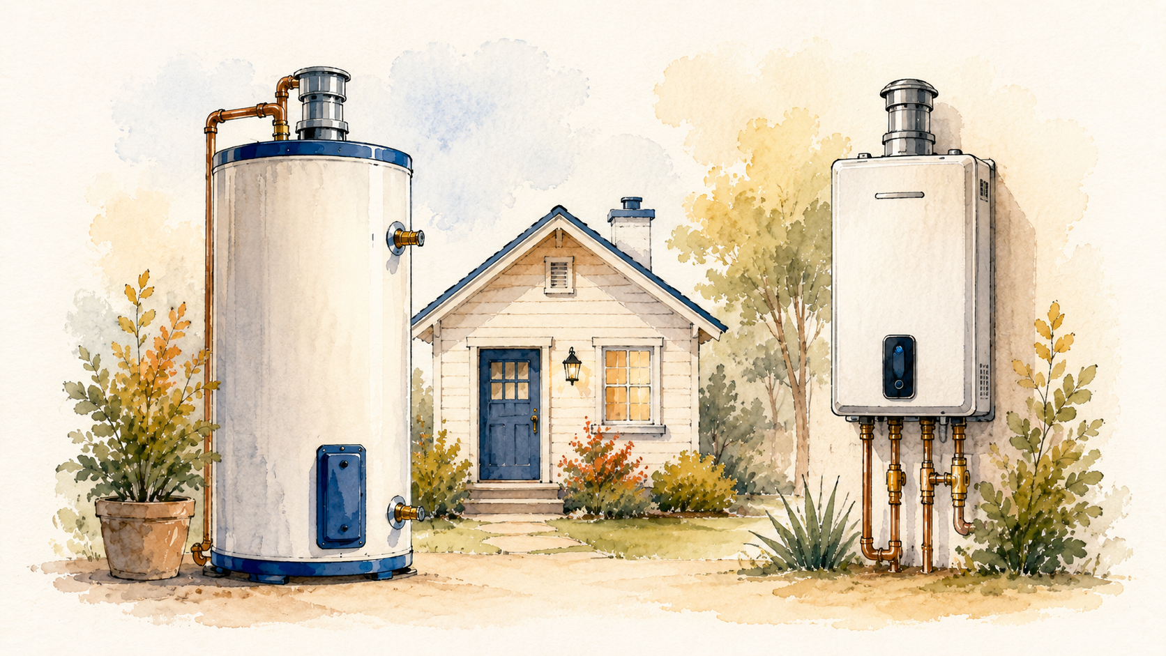 A tank water heater and a wall mounted tankless unit side by side with a small house