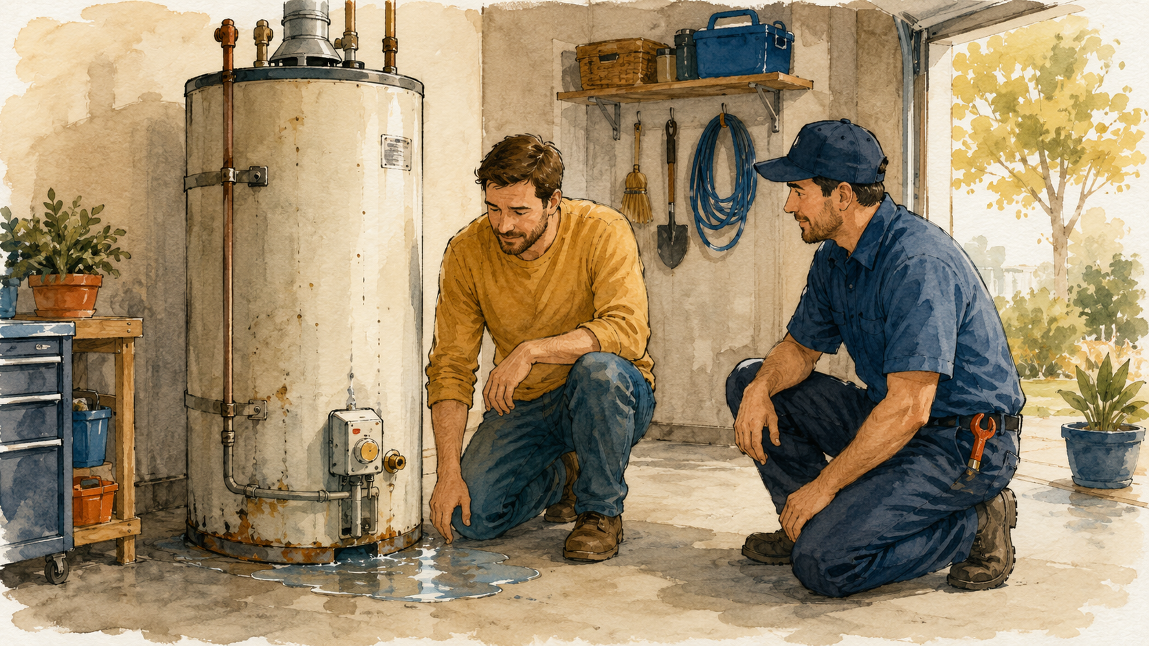 A calm homeowner beside an older leaking garage water heater with a pro nearby