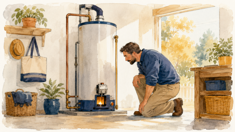 Homeowner kneeling beside a gas water heater looking at the pilot flame