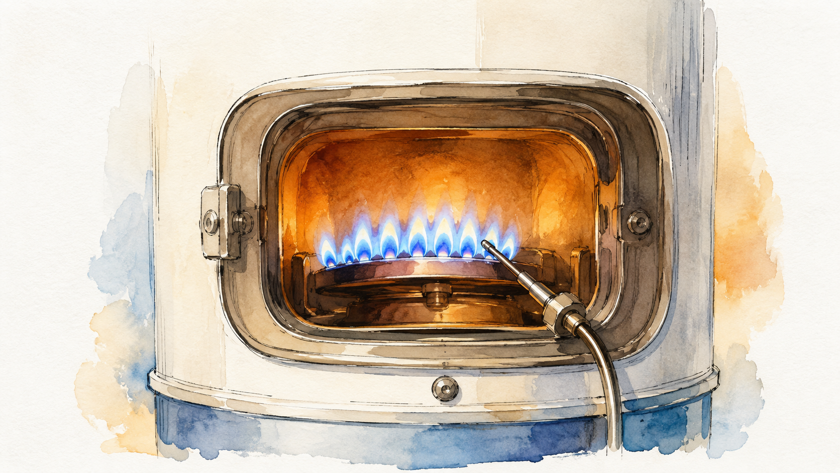 Small blue pilot flame burning with a metal probe resting in it