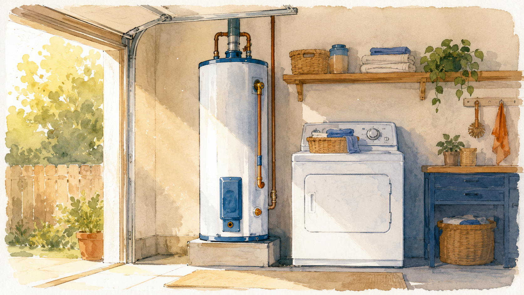 Water heater standing beside a clothes dryer in a tidy garage