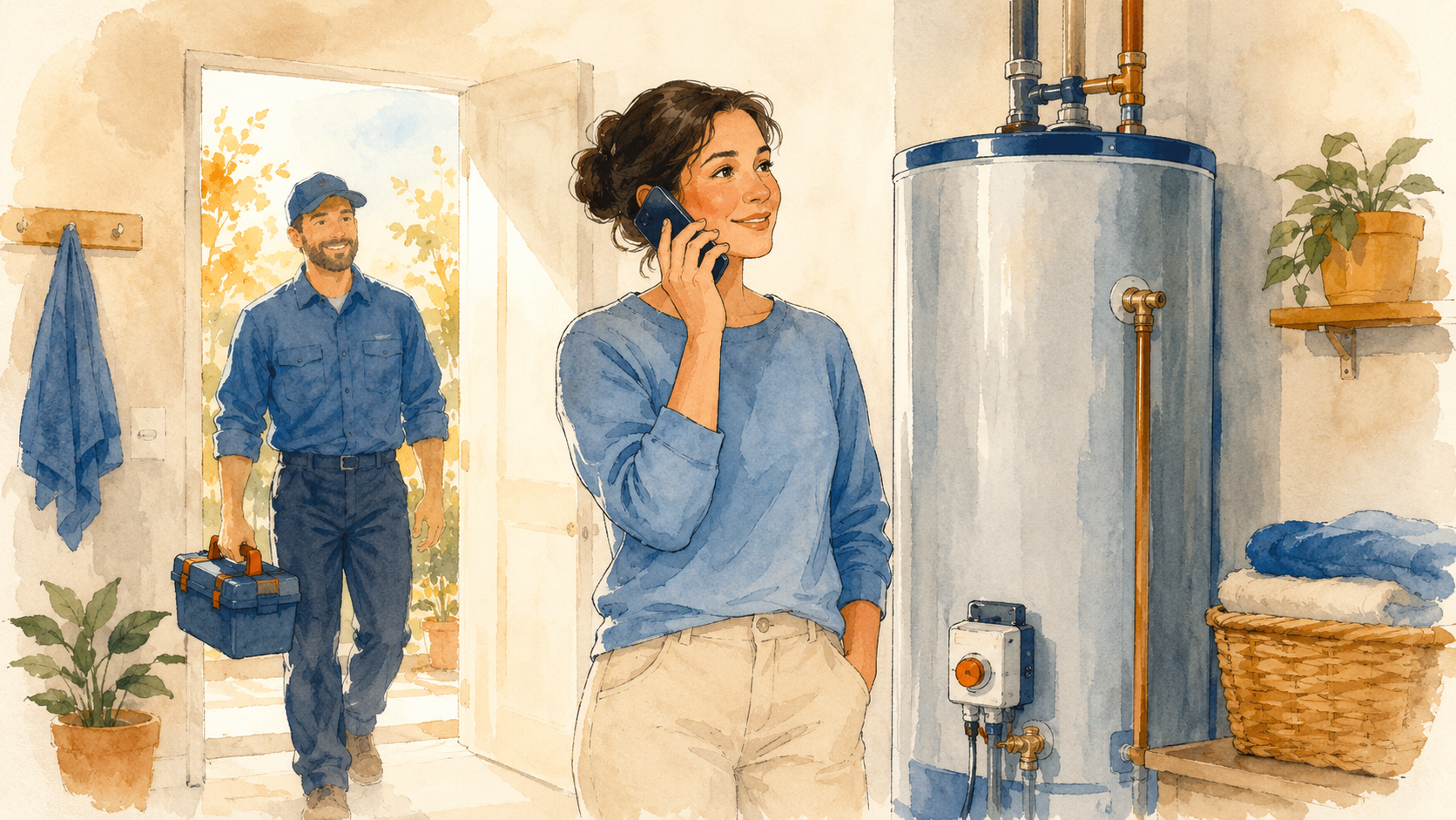 Homeowner on the phone beside a water heater as a technician arrives