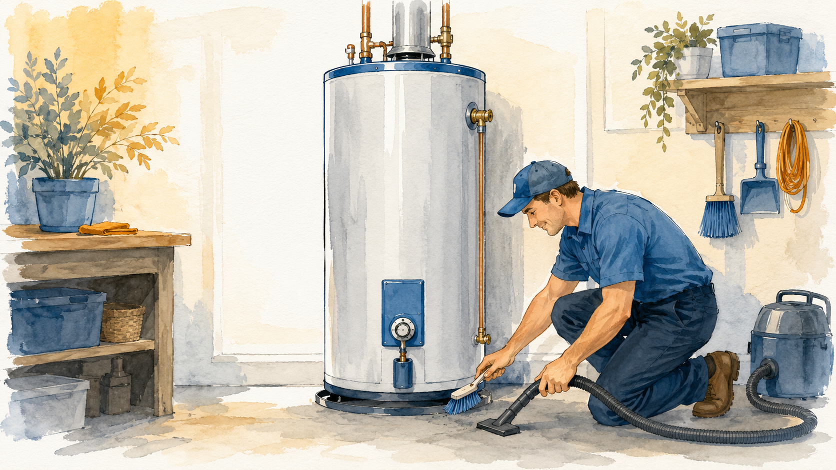 Technician cleaning near the base of a well kept water heater