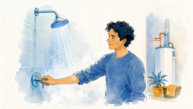 Person adjusting a shower tap as steam thins out