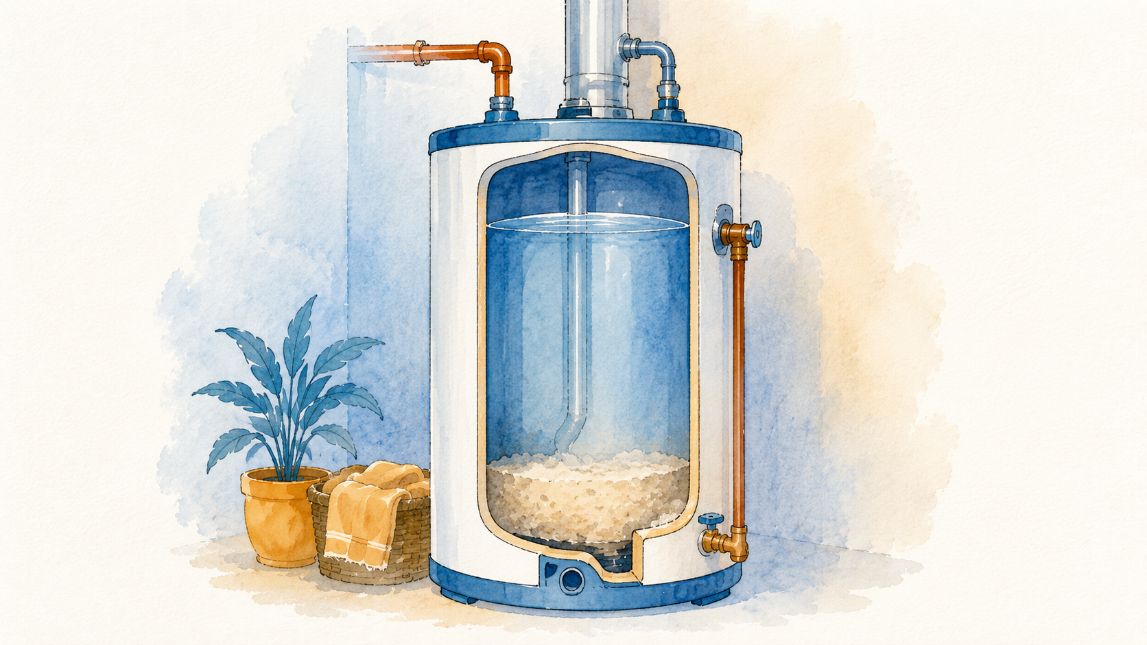 Cutaway of a water heater with sediment in the bottom of the tank