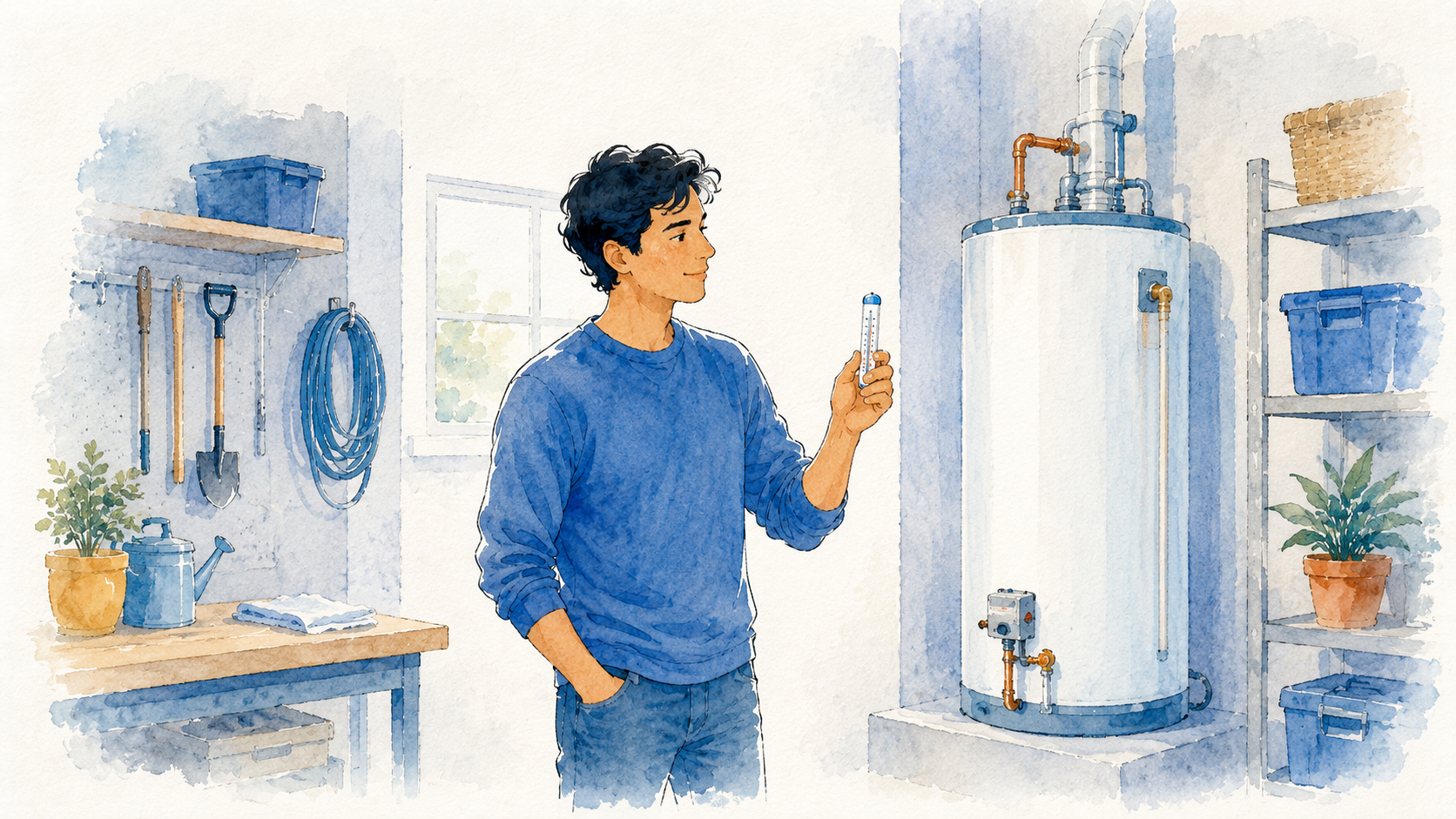 Homeowner in a garage checking a water heater with a thermometer