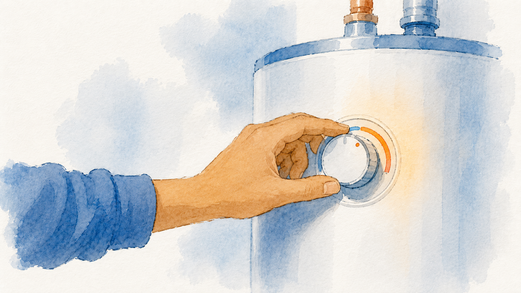 Hand turning the temperature dial on a water heater