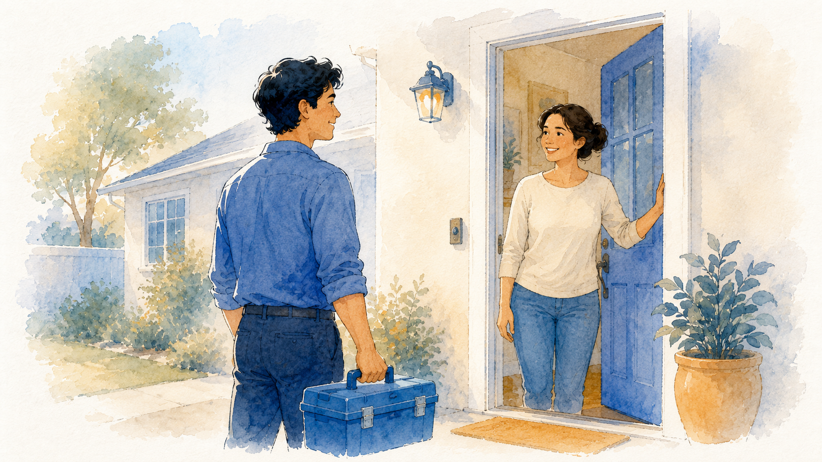 Technician with a toolbox greeted at a front door