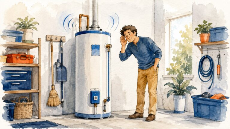 Homeowner listening to a noisy water heater in a garage
