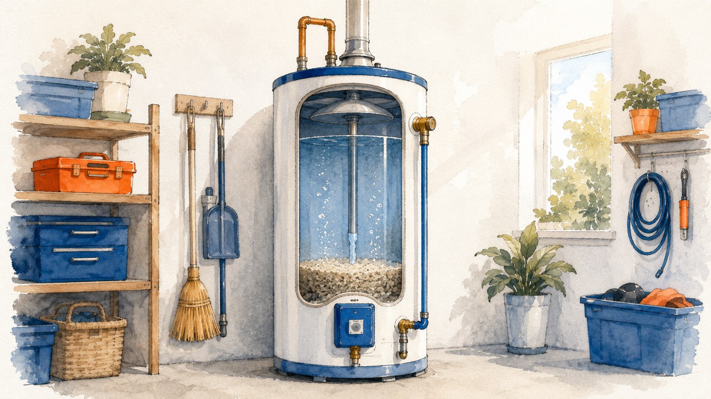 Cutaway of a water heater with sediment on the tank floor