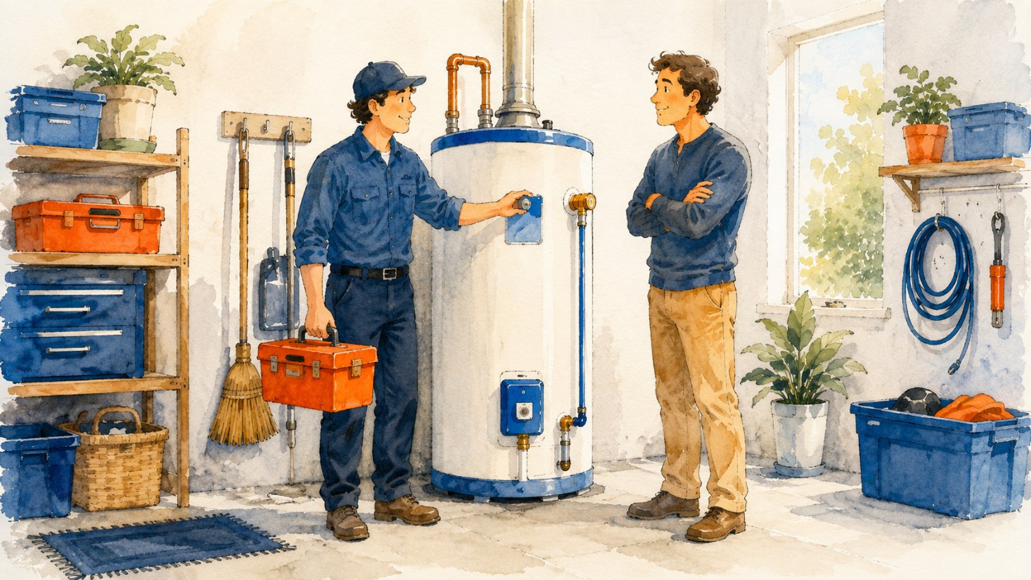 Technician checking a water heater while a homeowner watches