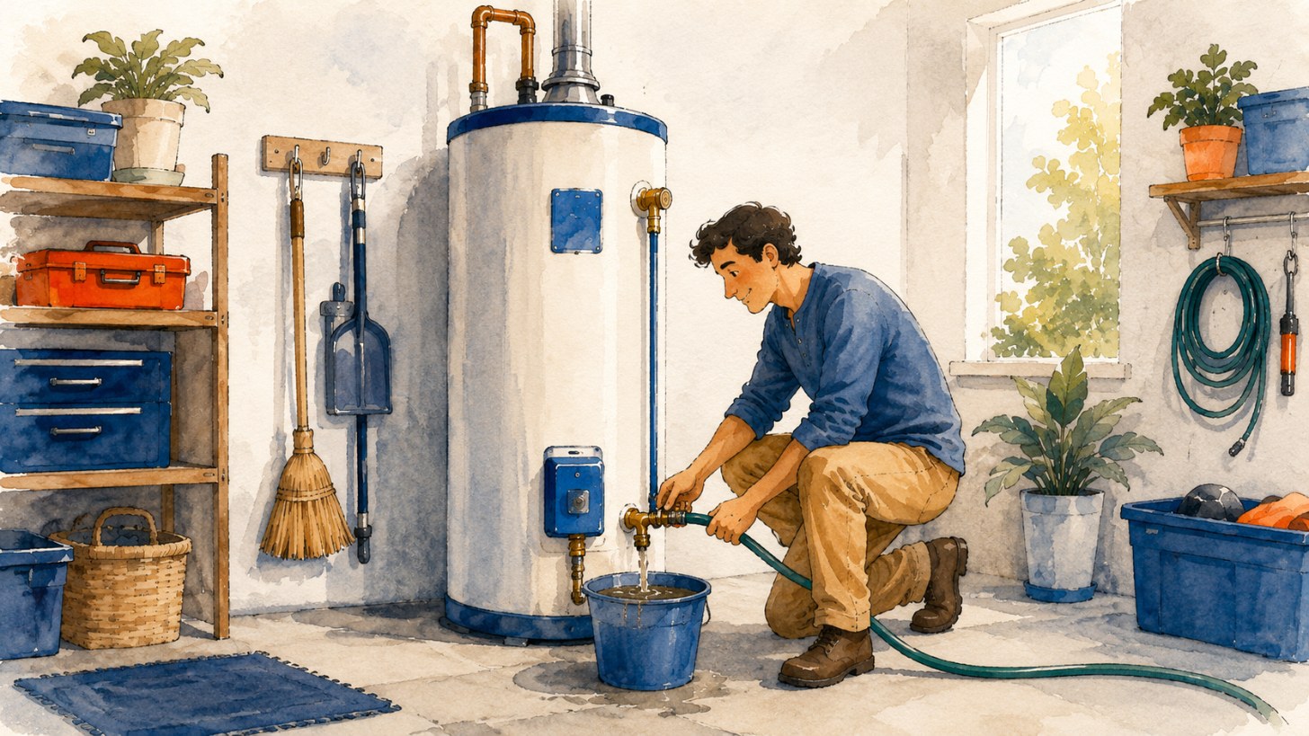 Water heater draining through a hose into a bucket