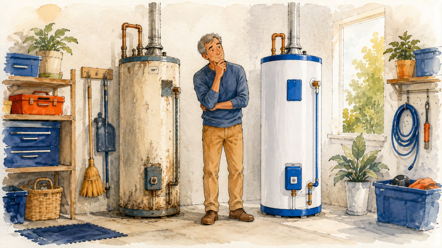 An old water heater beside a new one with a homeowner deciding