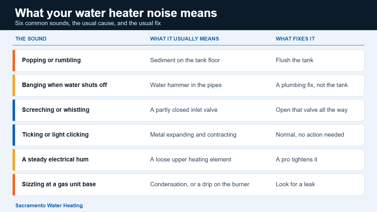 Chart of six water heater noises with their causes and fixes