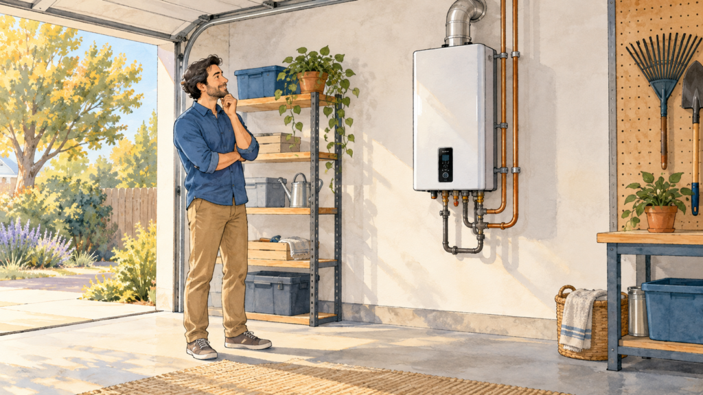 Homeowner in a tidy garage looking at a wall mounted tankless water heater