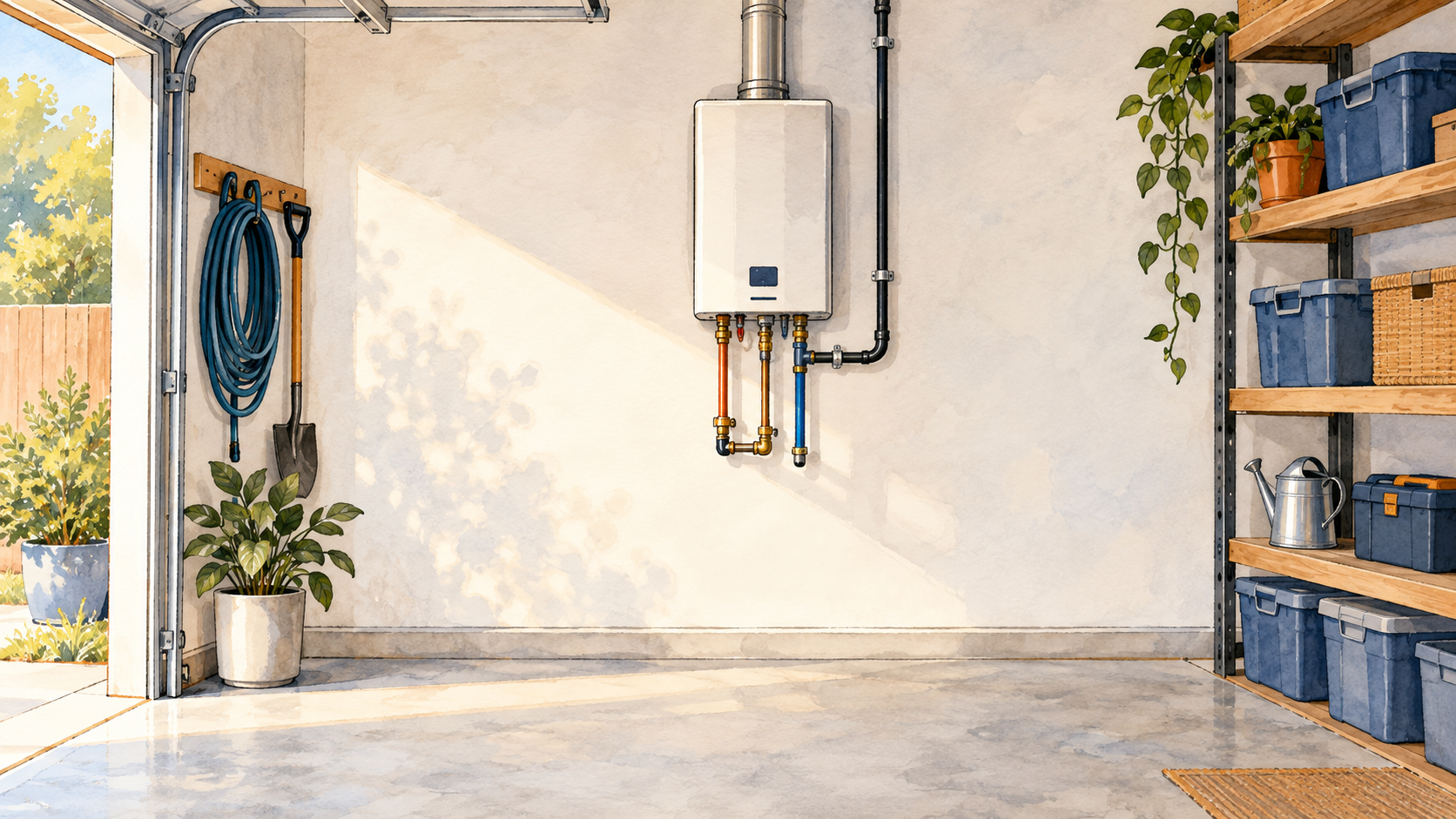 Wall mounted tankless water heater above clear open garage floor space