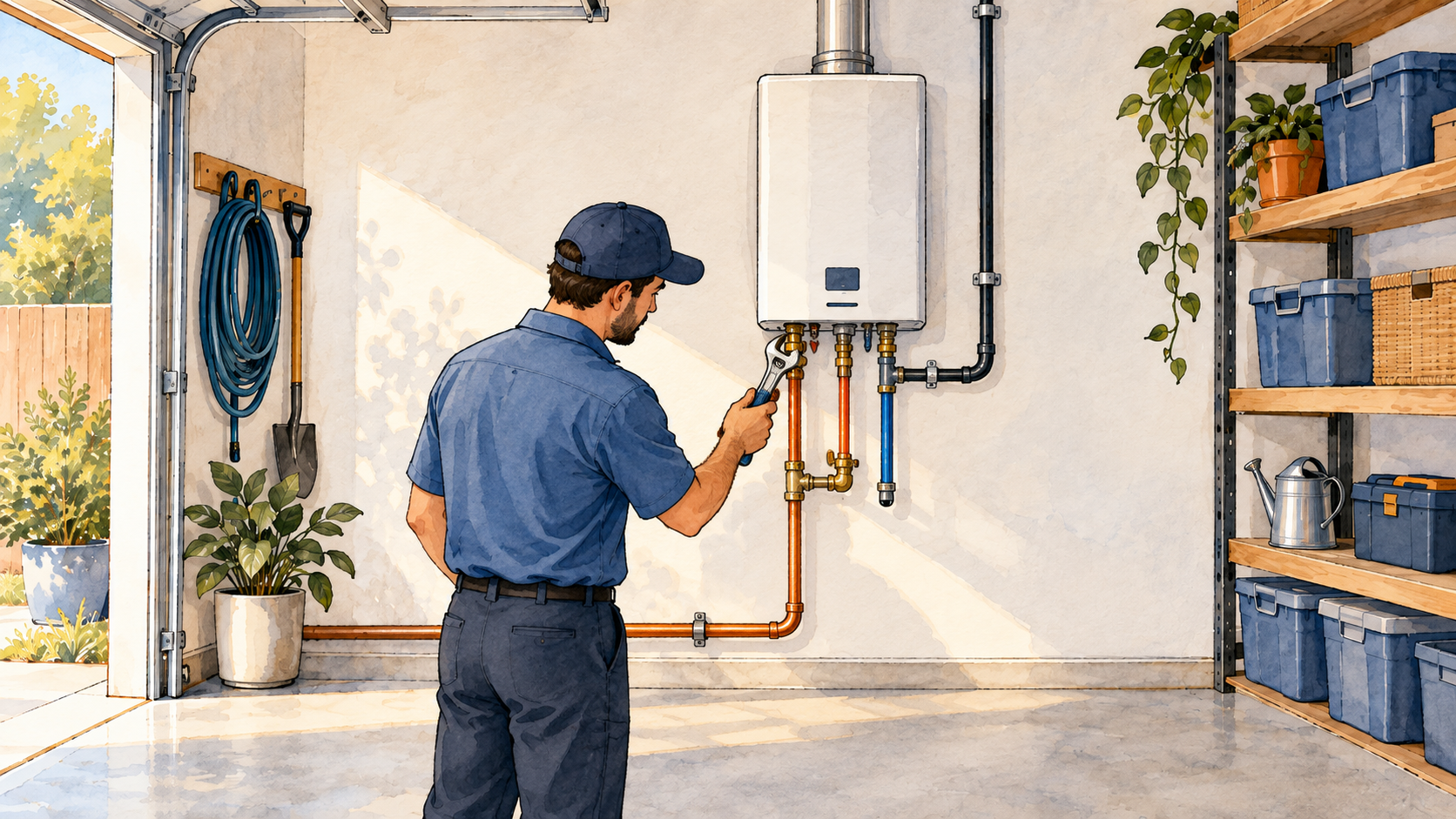 Technician checking the gas supply connection on a wall mounted tankless unit