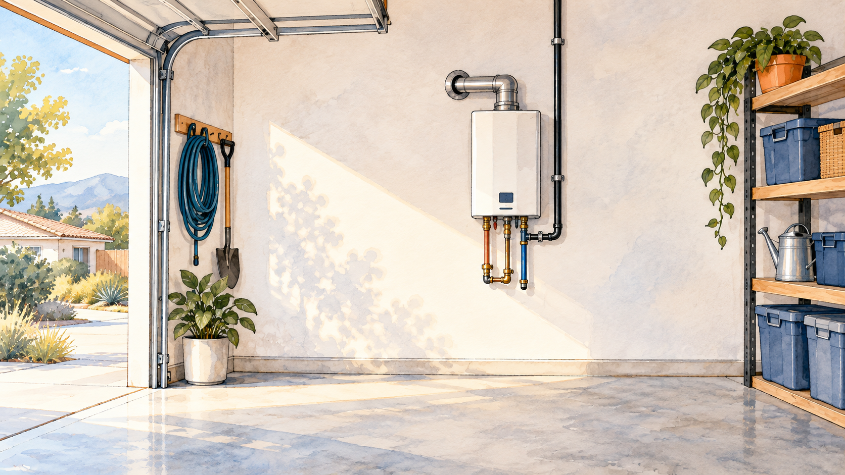 Tankless unit in a valley home garage with a short vent through the exterior wall