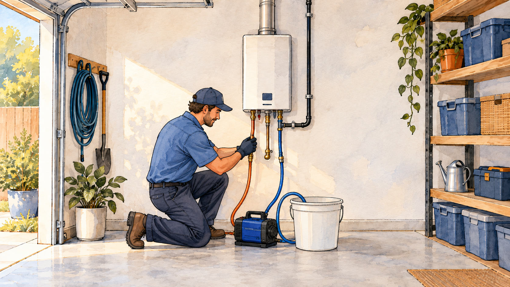 Technician descaling a tankless water heater with a small pump and bucket