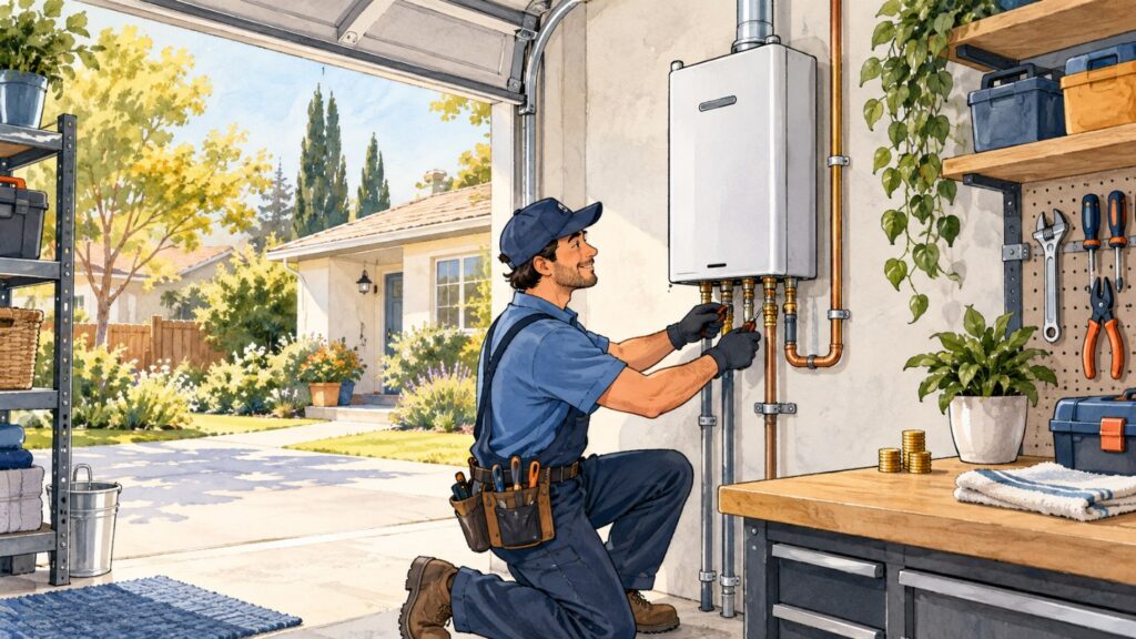 Tankless water heater being installed in a sunny garage
