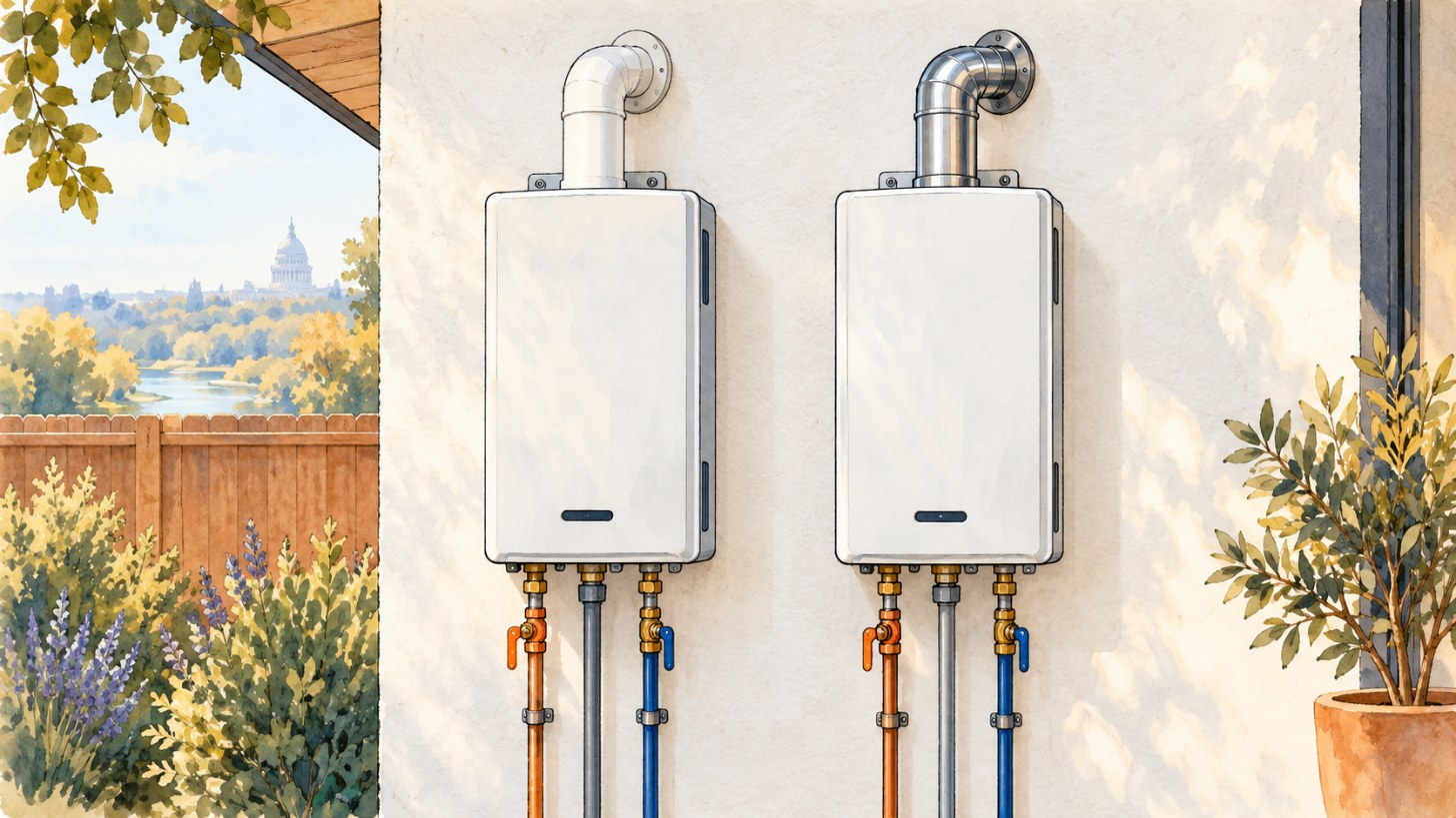 Two wall mounted tankless units with different vent pipes