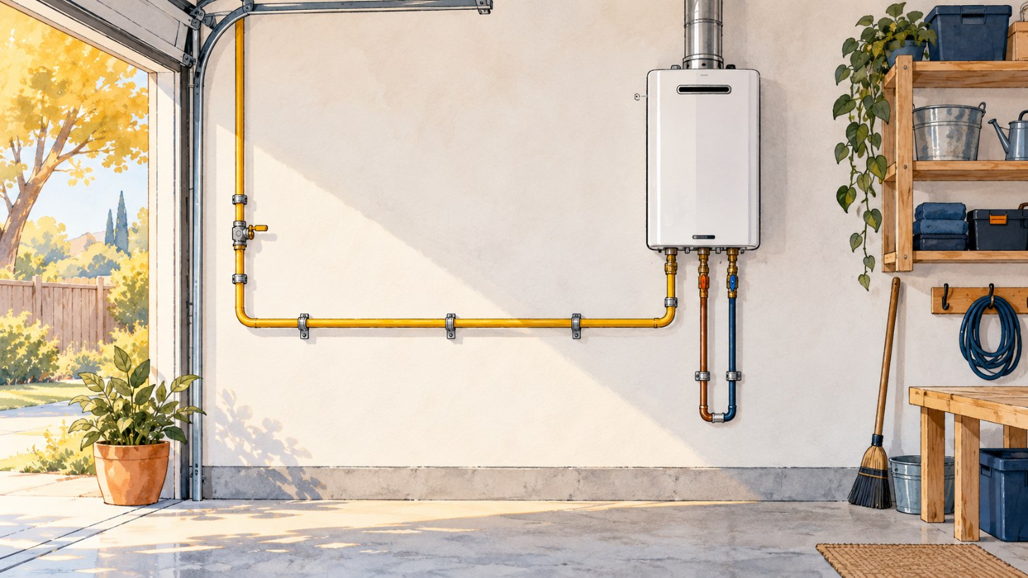 Gas supply pipe running to a wall mounted tankless unit