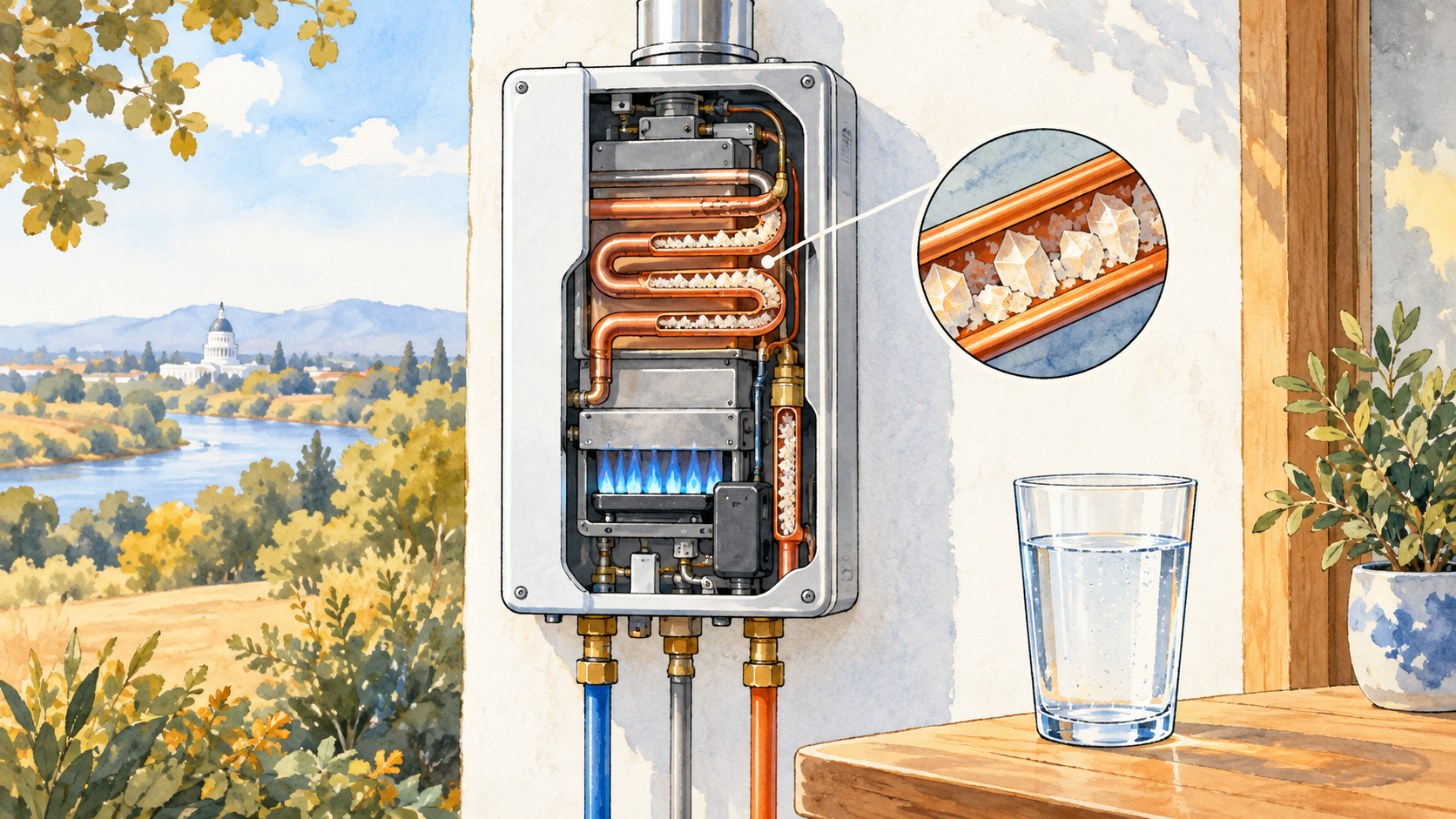 Cutaway of a tankless heat exchanger with mineral scale