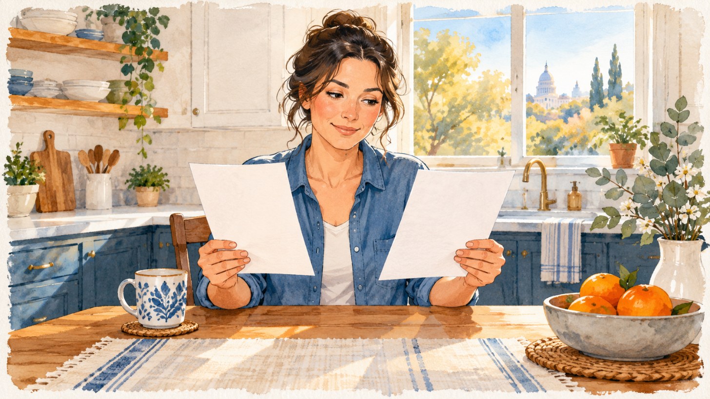 Homeowner comparing two written quotes at a kitchen table