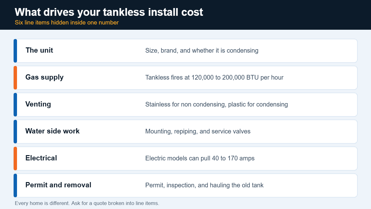 Six line items that drive tankless water heater install cost